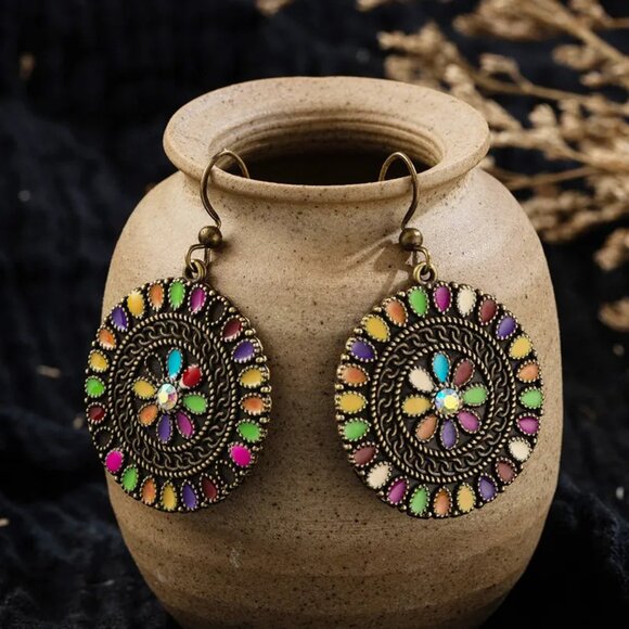 Boutique Jewelry - 3/$35 Ethnic Dangle Drop Fashion Earrings Antique Gold Round Colourful Stones